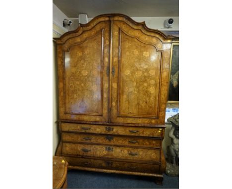 (ML) A large 18th century Dutch walnut and marquetry cabinet,&nbsp;with bombe base, 235cm x 163cm. Provenance: The Nash Peake