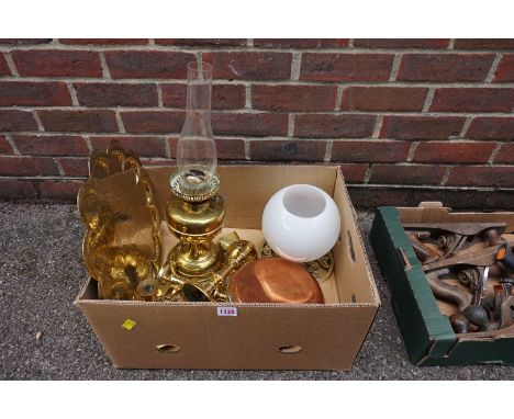 An old brass oil lamp; together with a quantity of metalware. 