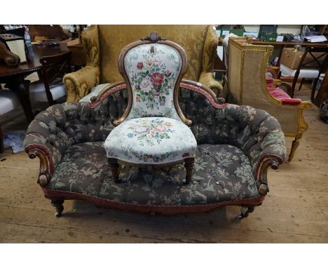 A Victorian walnut, inlaid and button upholstered settee,&nbsp;170cm wide; together with a matching occasional chair.&nbsp; 