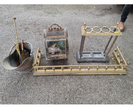 (ML) A brass stick stand; together with a coal scuttle, painted snowy scene, fire fender and one other coal scuttle. 