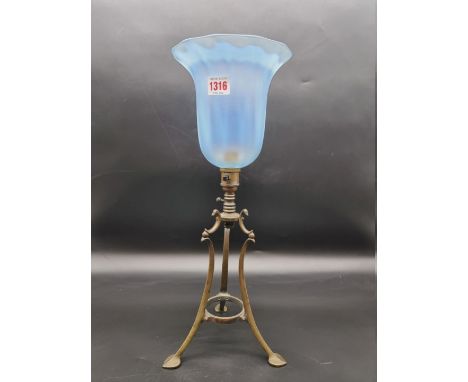 A WAS Benson brass and blue vaseline glass tripod table lamp, 45cm high.&nbsp; 