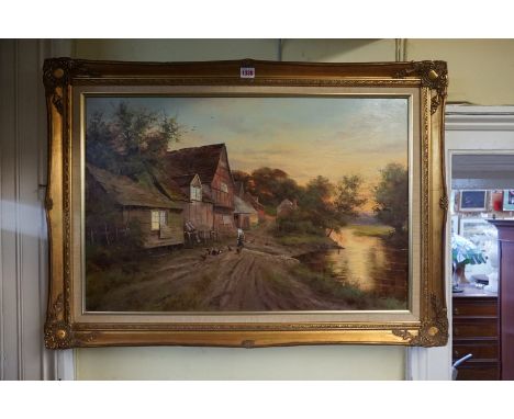 R Telford,&nbsp;a riverside cottage with chickens, signed, oil on canvas, 49.5 x 75cm.&nbsp; 