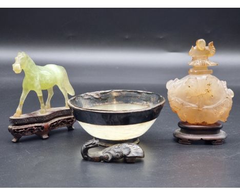 A small quantity of Chinese items,&nbsp;comprising a jade and white metal mounted circular bowl, 10.8cm diameter; a small jad