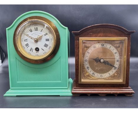 A vintage green plastic mantel timepiece,&nbsp;the 3in enamel dial inscribed 'Maple &amp; Co Ltd, Paris', 19.5cm high; togeth
