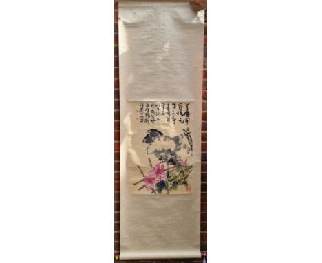 Chinese School,&nbsp;birds on a branch, signed, watercolour scroll, image 69 x 46cm. 
