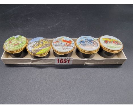 Five small enamel circular boxes,&nbsp;4.5cm diameter.&nbsp; 
