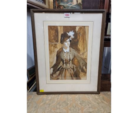 Fred Roe,&nbsp;three quarter length portrait of a lady, signed, watercolour and gouache, 34 x 24.5cm.&nbsp; 