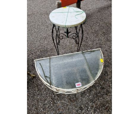 A white painted metal wall planter;&nbsp;together with a small plant stand.&nbsp; 
