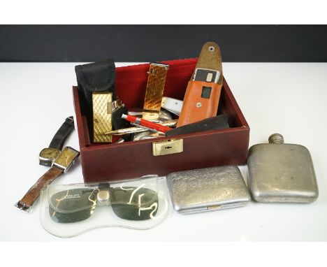 Group of mixed collectables, to include pewter hip flask, vintage lighters, pens, penknives, watches etc 