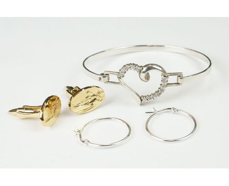 Silver and CZ bangle, a pair of silver hoop earrings &amp; a pair of cufflinks 