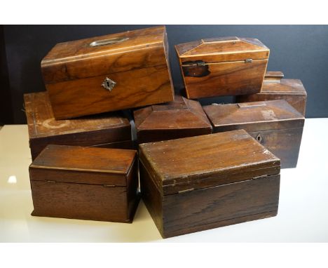 Collection of Eight Wooden Boxes including Three Early 19th century Sarcophagus Tea Caddies, Art Deco Oak Tea Caddy and Victo