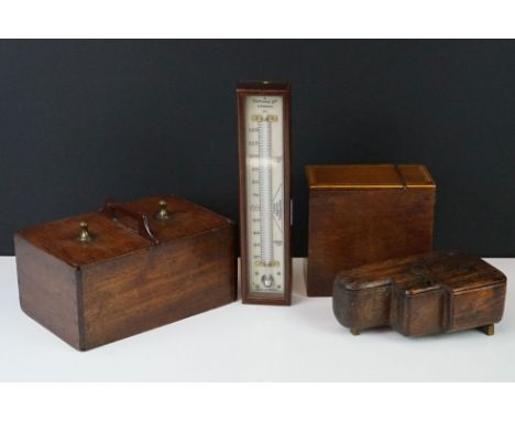 18th / 19th century Oak Twin Compartment Lidded Box with carrying handle, 18cm long, Antique Elm Box of an unusual shape, Reg