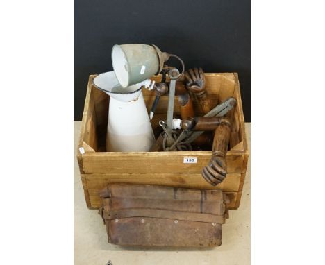 Wooden Crate holding various collectables including Four Child's Mannequin Wooden Articulated Arms, Mid century Wall Mounted 