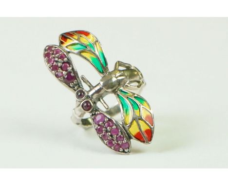 Silver and plique-a-jour butterfly ring set with ruby cabochons 