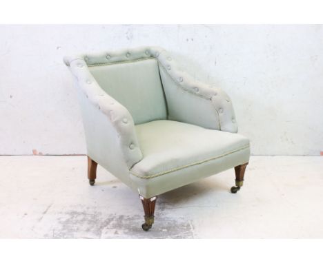 19th century Low Square Back Armchair with pale green button upholstery, 62cm wide x 83cm deep x 67cm high 