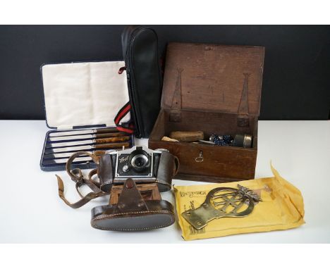 Mixed collectables to include sovereign scales, a brass AA badge and AA membership card, a leather cased Finetta film camera,