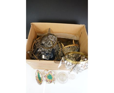 Three Early 20th century Basket Chandeliers with Crystal Drops, Mirrored Back Wall Light with crystal drops, Two Bavarian por