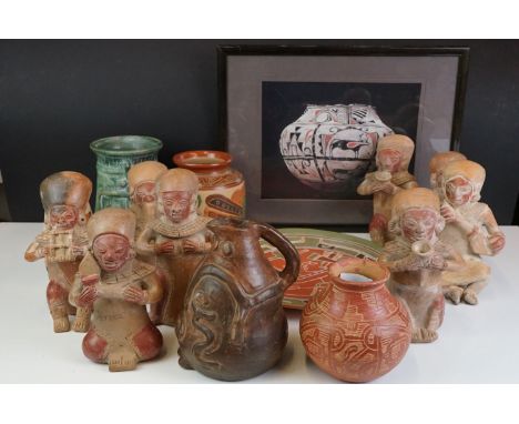 Six Piece Peruvian Pottery Whistling Band plus Vocalist (approximately 17cm high) together with Six items of Ethnic Ceramics 