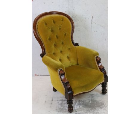 Victorian Mahogany Framed Button Back Armchair, upholstered in mustard coloured fabric, 109cm high x 66cm wide 