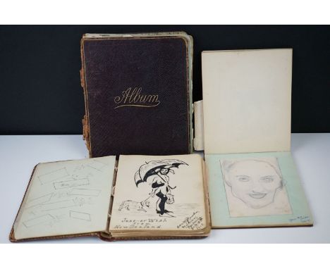 Three Late 19th / early 20th century autograph albums containing various paintings, poems, sketches and drawings, dating from