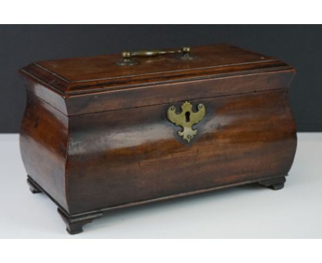 Early George III mahogany three-division tea caddy of bombe outline, on ogee bracket feet, w: 26cm 