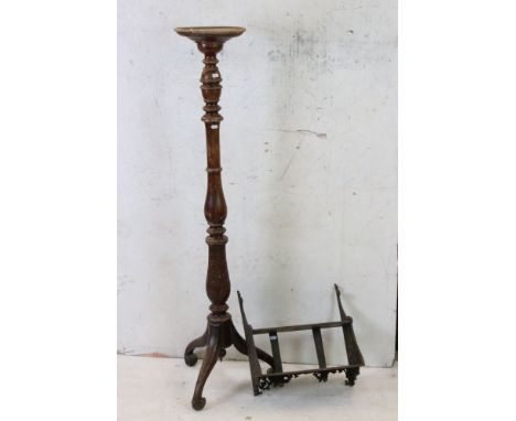 Small Hanging Shelf with pierced fretwork sides, 40cm wide x 41cm high together with Turned Wooden Torchere, 137cm high 