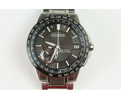Citizen Eco-Drive Satellite Wave gents stainless steel wristwatch, the black dial with baton hour marks, subsidiary day dial 