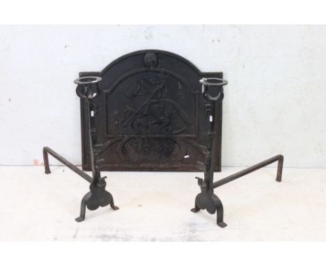 Cast Iron Fire Back with moulded decoration of George slaying the Dragon, marked C R and dated 1644 75cm wide x 67cm high tog