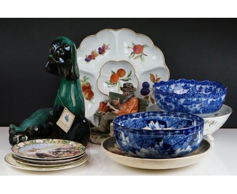 Mixed Lot of Ceramics including Blue Mountain Dog and Cat, Capo-di-Monte Tramp on a Bench, collection of Souvenir Crested war