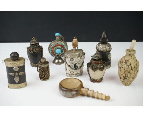 Collection of nine mostly Chinese snuff bottles to include white metal, ceramic, nut, wooden, horn and beadwork examples, mos