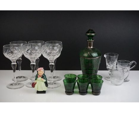 Murano Green Glass Liqueur Set with silver overlay comprising Decanter (25cm high) and Six Glasses together with Royal Doulto