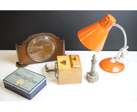 Mixed Lot including Dutch Deve Coffee Grinder, Art Deco Walnut Clock, Gooseneck Lamp, Cornish Serpentine Lighthouse and Boots