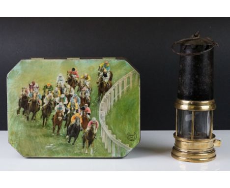 Thomas &amp; Williams Aberdare Miners Safety Lamp, 25cm high together with Huntley &amp; Palmers ' Derby Day ' Biscuit Tin 