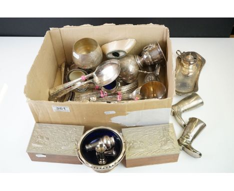 Box of silver plate to include a pair of novelty riding boot stirrup cups, Mayfair flatware, goblets, cruet, condiments, pen 