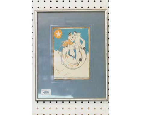 Advertising - White Star Line Print of a Man and Woman sat on a Life Ring, 14cm x 20cm, framed and glazed 