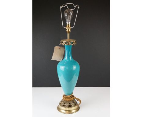 Early 20th century Porcelain Table Lamp with turquoise glazed body and gilt brass mounts, 49cm high 