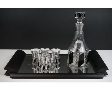 Art Deco Decanter and Six Shot Glass Set each decorated with black panels, all held on a Mirrored Serving Tray, decanter 23cm