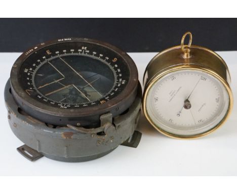 Brass circular cased Negretti &amp; Zambra Compensated Barometer no. 11022, 12cm diameter together with Ship's Compass Type P