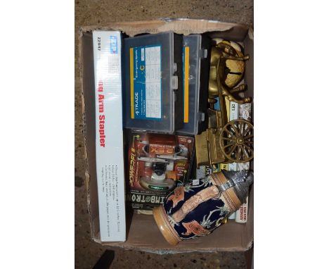 Box of various assorted household items to include long arm stapler, brass horse and cart etc