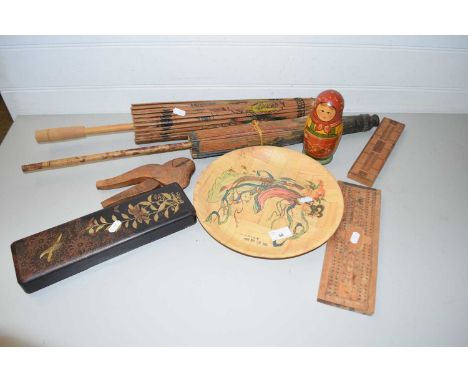 Mixed Lot: Vintage parasols, cribbage board, Russian dolls, nutcrackers, laquered box etc