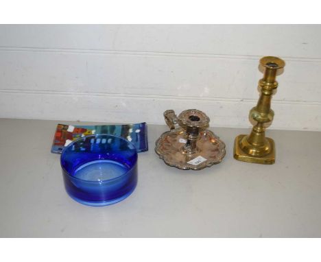 Mixed Lot: Silver plated chamber stick, brass candlestick, Art Glass plaque and a blue glass bowl