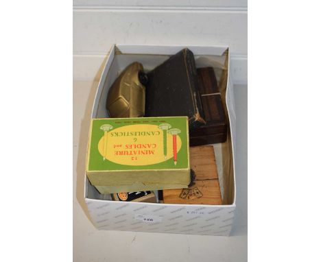 Mixed Lot: Case of teaspoons, small candle holders, cribbage board, model Porsche etc