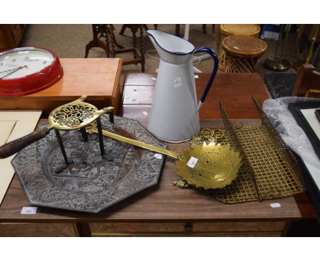 Mixed Lot: White enamel jug, brass trivet, copper wall plaque and other items