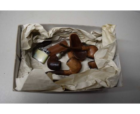 Collection of various vintage pipes, cigar cutter, lighter etc