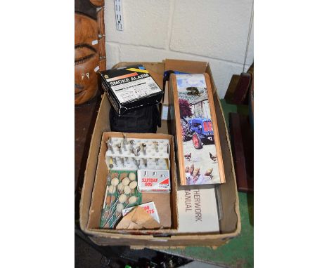 Box of assorted items to include artists inks, smoke alarm, leather work tools etc