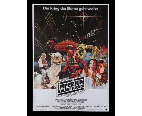 Uncommon, large format German A0 film poster featuring an illustration of Luke in his flight outfit, surrounded by different 