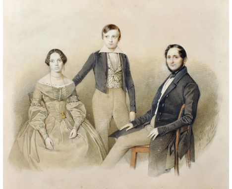 Theodor Schloepke (1812-1878) German. A Family Portrait Group, Watercolour and Pencil, Signed and Dated '43, 12.25" x 14.25".