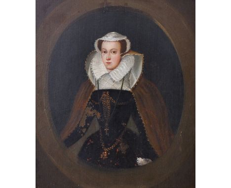 18th Century English School. Portrait of a Lady wearing a Ruff, Oil on Copper, Painted Oval, in a Carved Giltwood Frame, 11" 