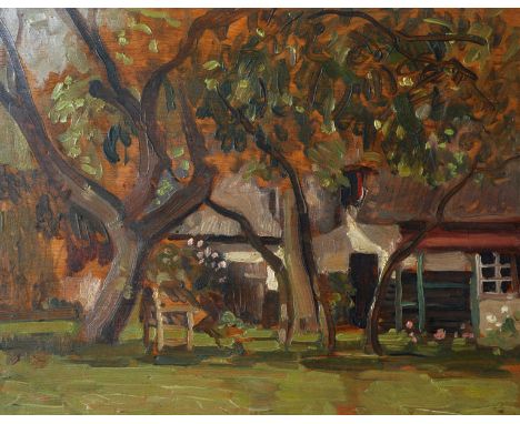 20th Century English School. A Garden Scene, with a Bench under a Tree, Oil on Panel, 10.75" x 13.5".