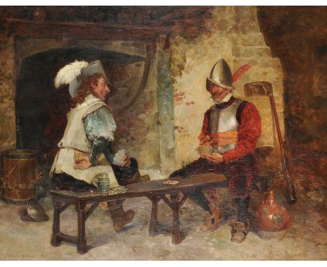 Henry Gillard Glindoni (1852-1913) British. "Diamond Cut Diamond", a Tavern Interior with Cavaliers playing cards, Oil on Can